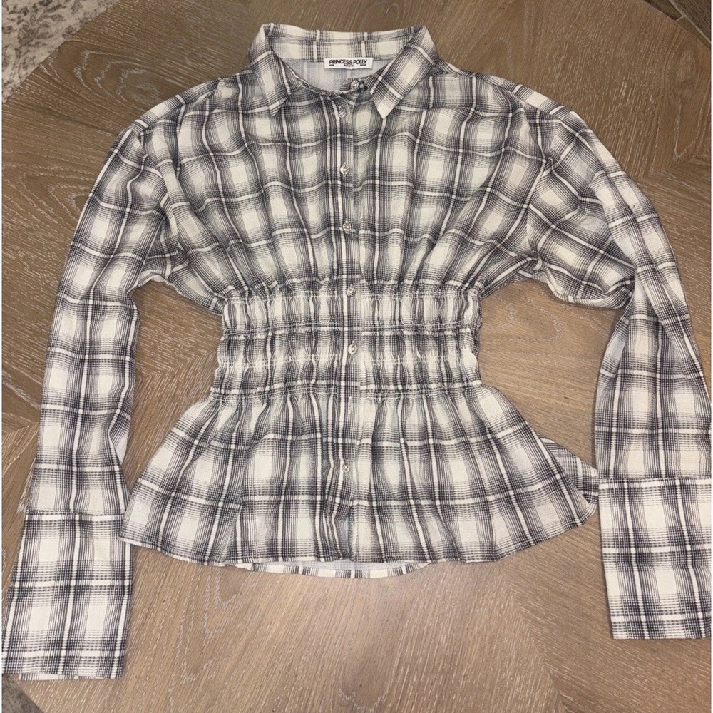 Princess Polly Black Plaid Collared Long Sleeve Smocked Button Up Size US 6